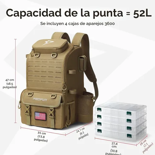 Miniatura 6 de Piscifun Mochila para equipo de pesca de 52L con soportes para cañas y 4 cajas de aparejos, bolsa grande de aparejos para almacenamiento