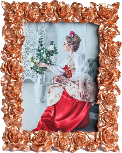 Marcos de Fotos Dorados de 3.5x5 Pulgadas, Marco de Fotos Vintage de Oro Rosa con Flor y Hoja y Frente de Vidrio, Marco de Fotos Antiguo para Mesa y