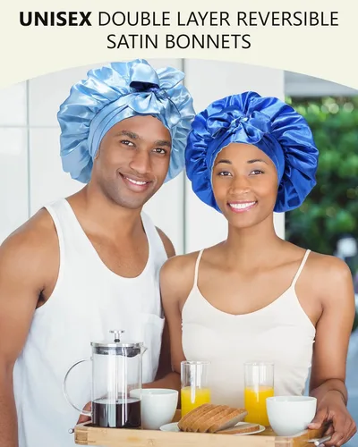 Miniatura 2 de AWAYTR Gorro de satén de seda para dormir para mujeres con cabello rizado, gorro de dormir reversible de doble capa con banda de amarre (azul) 7