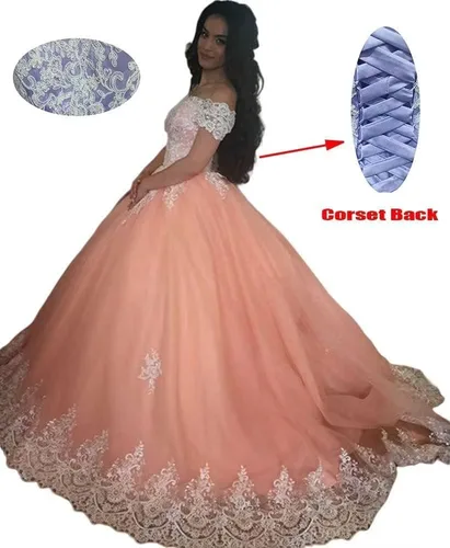 Miniatura 2 de XYAYE Vestidos de quinceañera con hombros descubiertos, vestidos de baile de tul hinchados con encaje de tren, vestido largo de graduación para mujer