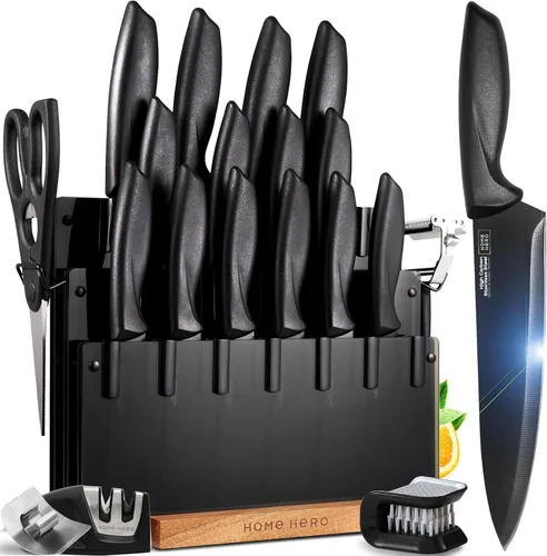 Home Hero Juego de cuchillos de cocina de acero inoxidable de alto carbono, cuchillos de chef y afilador de dos etapas, mango ergonómico y corte de
