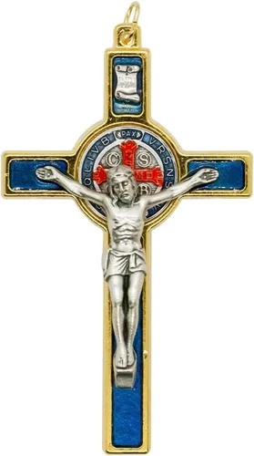 Miniatura 5 de Colgante de crucifijo de San Benito, base dorada con detalles de esmalte de colores, 3.25 pulgadas de alto, patrón de los estudiantes, gran regalo