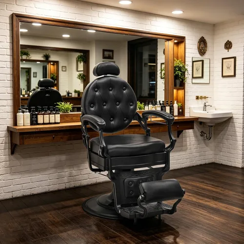 Miniatura 2 de BarberPub Silla de peluquero resistente para hombres con reposacabezas, sillas reclinables hidráulicas de metal antiguo multiusos, equipo de negro