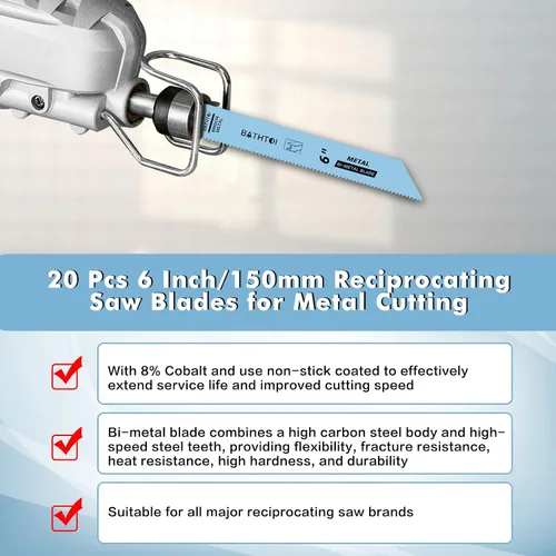 Miniatura 6 de Paquete de 20 hojas de sierra alternante de 6 pulgadas, 14 dientes por pulgada, para chapa metálica, tubos, plástico PVC, corte de perfiles, hojas