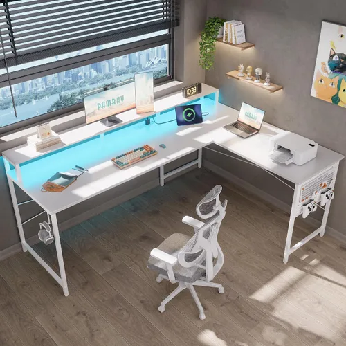Miniatura 7 de Pamray Escritorio para juegos en forma de L de 64 pulgadas con tomas de corriente y luces LED, escritorio de esquina grande para computadora
