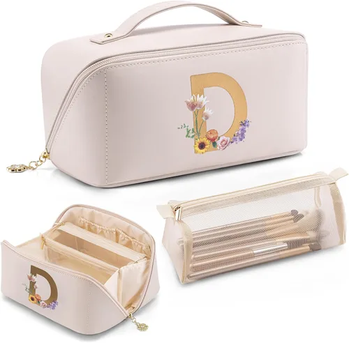 Miniatura 14 de Vlando Bolsa de maquillaje de viaje, neceser para mujer, piel sintética, abierta, plana, bolsa de maquillaje, Clásico elegante