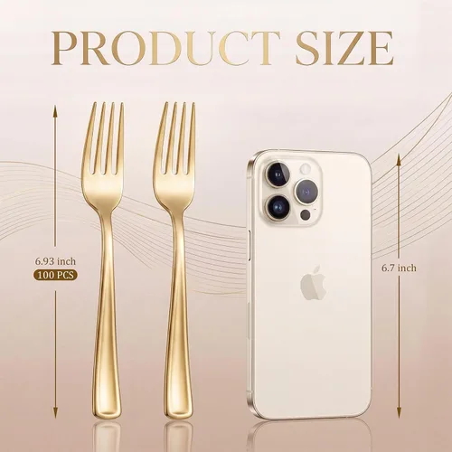 Miniatura 3 de WDF 100 tenedores de plástico dorado – Tenedores resistentes y duraderos desechables de 7.4 pulgadas – Elegantes tenedores dorados para postre