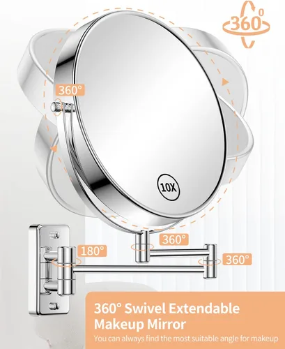 Miniatura 4 de Gospire Espejo de pared extra grande de 9 pulgadas con aumento 1X/10X, giratorio de 360° y extensible, acabado cromado pulido para tocador de baño