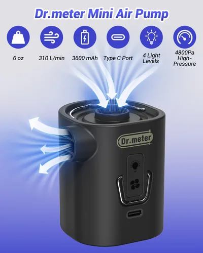 Miniatura 2 de Dr.meter Bomba de aire para inflables, bomba de colchón de aire recargable de 3600 mAh con luz de campamento de 4.8 kPa, inflado rápido, desinflado