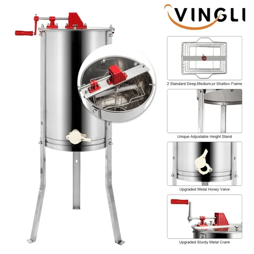 Miniatura 4 de VINGLI Extractor Manual de Miel de 2 Marcos, Separador, Tambor Giratorio de Panal de Acero Inoxidable de Grado Alimenticio, Manivela Manual