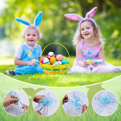 Miniatura 5 de Weysat Juego de 12 cestas de Pascua de bambú a granel, con asa redonda tejida transparente, bolsa de envoltura, lazo de conejo, papel de vidrio
