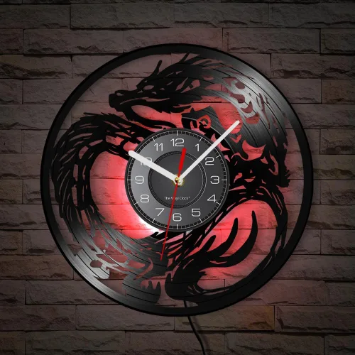 Miniatura 6 de Reloj de pared con diseño de dragón de 12 pulgadas, 7 cambios de color, decoración medieval de fantasía, disco de vinilo, reloj de pared de dragones
