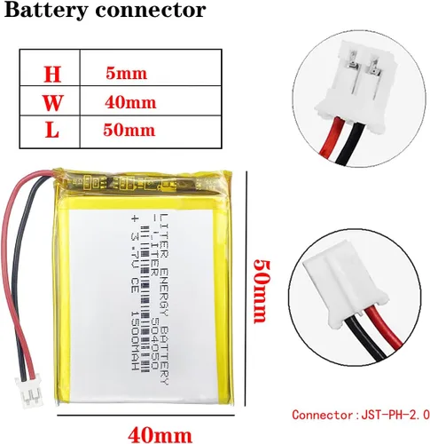 Miniatura 2 de Liter 3.7V 1500mAh 504050 Lipo Batería recargable de iones de polímero de litio con conector JST 0.079 in