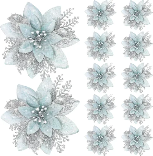 Miniatura 14 de Canlierr 12 piezas flores de Pascua de Navidad de 5.7 pulgadas con purpurina, flores artificiales con clips, adorno de árbol de Navidad para corona