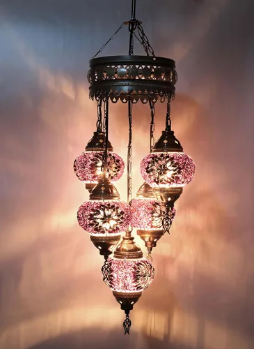 Miniatura 7 de Asylove Candelabros turcos de 5 globos, lámpara colgante de mosaico, iluminación de techo marroquí Art Deco de 5 globos, 5 pulgadas de altura total