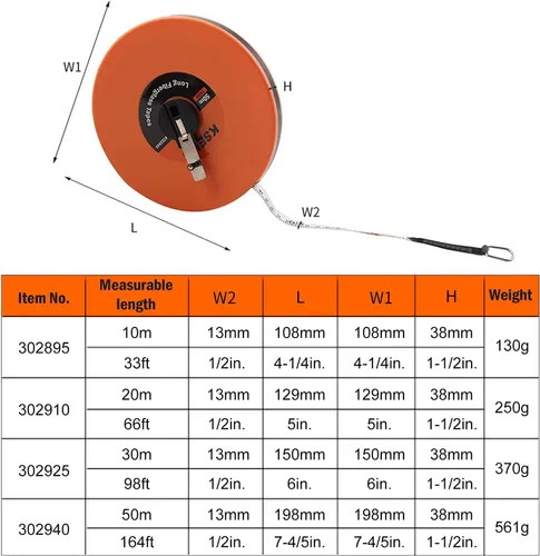 Miniatura 6 de KSEIBI 302910 cinta métrica de fibra de vidrio larga con impresión doble cara en pulgadas/métrica para trabajo de construcción (66 pies / 20 m)