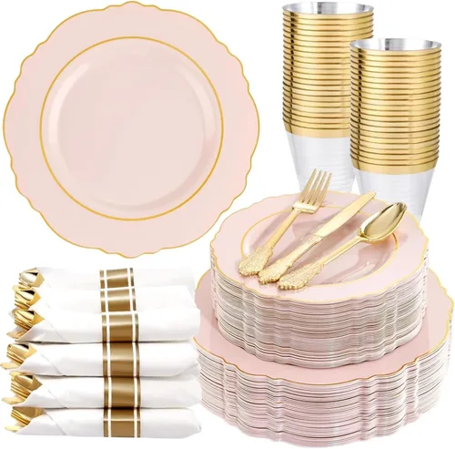 Miniatura 13 de Liacere 350 platos de plástico dorados, platos desechables blancos y dorados, vajilla de plástico barroco para 50 invitados, incluye 100 platos, 50