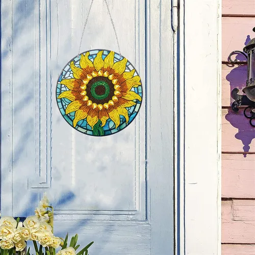 Miniatura 3 de LUSandy Kit de pintura de diamante de girasol grande 5D para bricolaje, letrero de arte de pared, diseño de girasol, diamante, atrapasoles, ventana