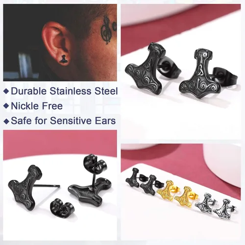 Miniatura 3 de FaithHeart Norse Vikingo Jewelry - Aretes de tuerca de plata de ley de acero inoxidable, lobo celtamartillo de Thors para mujeres y hombres, Acero