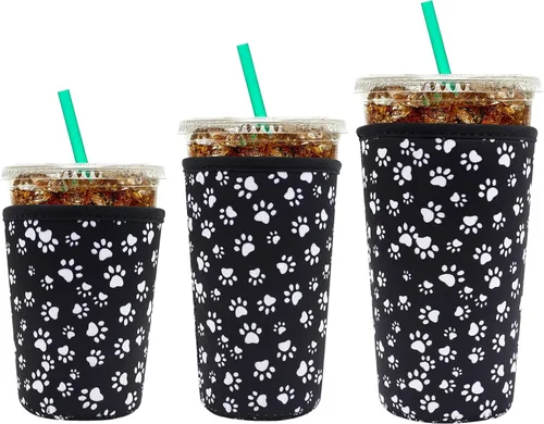 Miniatura 32 de YR Funda aislante de neopreno reutilizable para tazas de café helado, paquete de 3 fundas para bebidas heladas y calientes, enfriador de bebidas