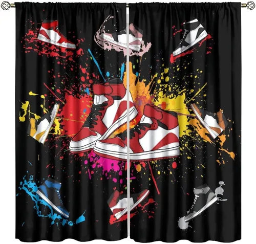 Cortinas deportivas para niños, zapatos deportivos estéticos con graffiti colorido para dormitorio, cortinas para ventana de dormitorio para