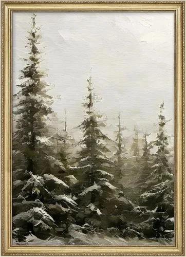 Miniatura 223 de MUDECOR Lienzo enmarcado prémium para pared, pinos nevados en bosque de invierno, ilustraciones modernas, arte contemporáneo, escénico, divertido