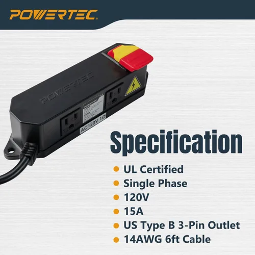 Miniatura 3 de Powertec Interruptor de seguridad para herramientas eléctricas de doble salida - Interruptor de paleta de 120V 15A con cerradura de llave