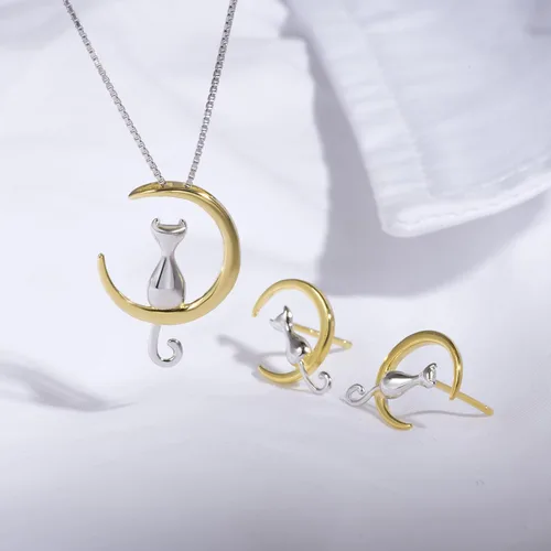 Miniatura 8 de S.Leaf Aretes de plata de ley, aretes de gato y luna, artículos de gato para amantes de los gatos, joyería de gato para mujeres, regalos