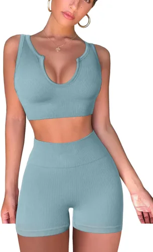 Miniatura 4 de QINSEN Conjuntos de entrenamiento sin costuras para mujer, brasier deportivo acanalado de cintura alta, pantalones cortos para correr, gimnasio