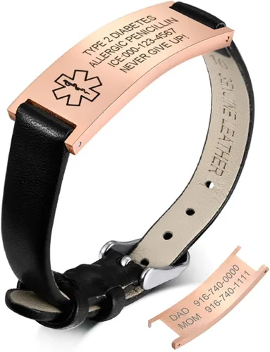 Miniatura 38 de MPRAINBOW Pulsera de alerta médica personalizada para mujer, correa de reloj de cuero genuino, grabado de doble cara, diabetes, epilepsia, joyería