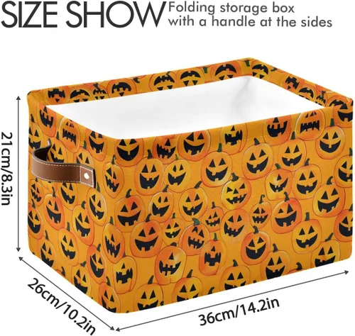 Miniatura 3 de Cesta de almacenamiento sin costuras de Halloween, bolsa organizadora plegable de tela de calabaza amarilla con asas, 15 x 11 x 9.5 pulgadas