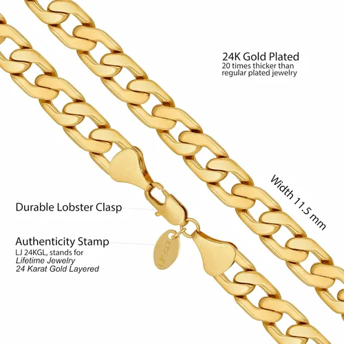 Miniatura 3 de LIFETIME JEWELRY Collar de cadena de eslabones cubanos planos de 0.453 in para hombre, chapado en oro real de 24 quilates