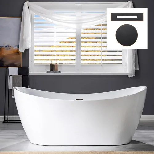 Miniatura 23 de WOODBRIDGE BTA1516 BG - Bañera independiente de acrílico de 59 pulgadas, bañera blanca de remojo contemporáneo con desbordamiento y drenaje de oro