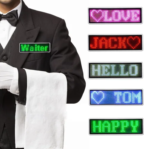 Miniatura 12 de Insignias de nombre LED, insignias de tarjetas de visita, pantalla de desplazamiento para restaurante, tienda, fiesta, bar, tablero de nombre LED