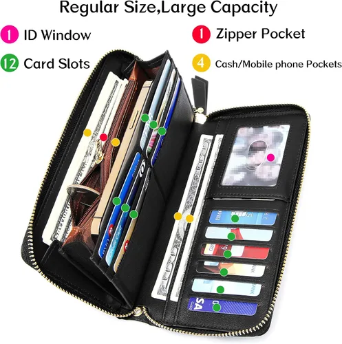 Miniatura 60 de Badiya Billetera para mujer con bloqueo RFlD de cuero con cremallera alrededor de carteras de gran capacidad