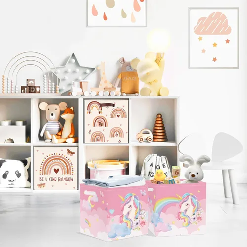 Miniatura 3 de Clastyle Juego de cestas de almacenamiento plegables de unicornio rosa para niños, organizador de ropa, cuarto de bebé, juguetes para niñas, estante