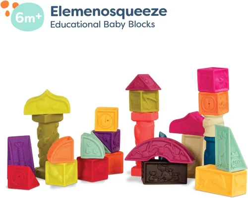 Miniatura 7 de B. toys Elemenosqueeze - Bloques de bebé - 26 bloques de clasificación suave y apilar con alfabeto - Bloques de construcción arquitectónicos