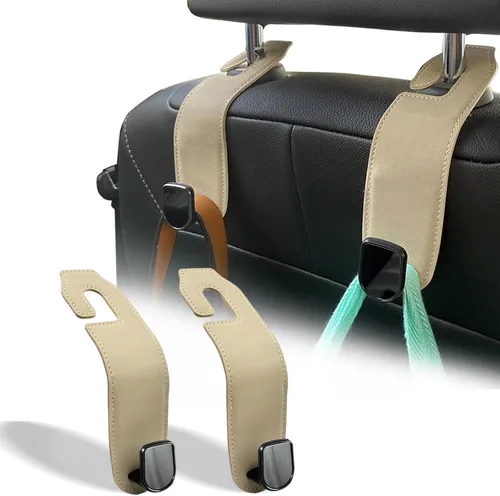 Miniatura 7 de Gancho para reposacabezas de asiento de automóvil, paquete de 2 ganchos de cuero para bolsos y bolsas para colgar accesorios de organización de Negro