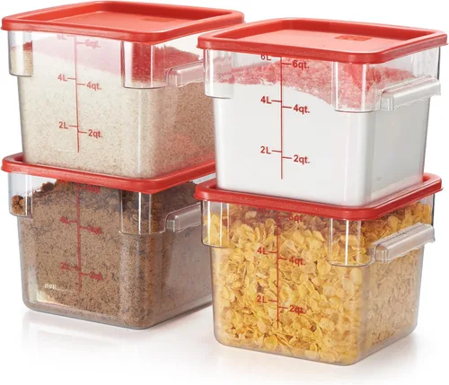 CURTA Paquete de 4 recipientes de almacenamiento de alimentos con tapa roja - Grado comercial NSF en 5.7 L - Cuadrado, transparente, policarbonato