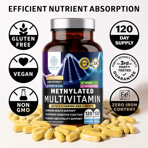 Miniatura 7 de Number One Nutrition Multivitamínico metilado para mujeres y hombres, multivitaminas diarias naturales con folato, vitamina B12, vitamina B2 y B6