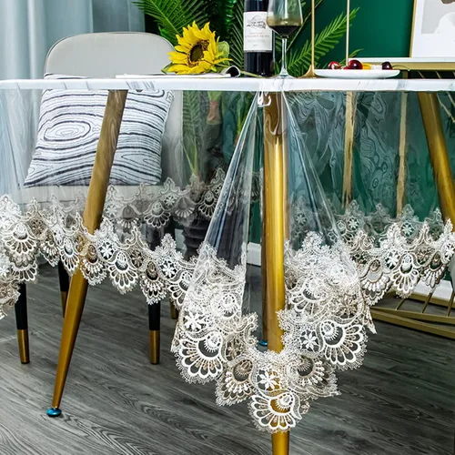 Miniatura 11 de Jeloris Mantel redondo de plástico transparente de vinilo PVC impermeable con borde de encaje bordado, cubierta de mesa transparente para cocina