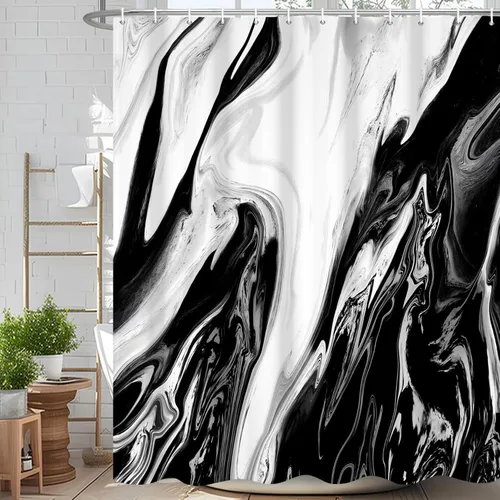 Miniatura 52 de Cortina de ducha abstracta de mármol negro gris y dorado con grietas, cortina de baño moderna ombre impresa, cortina impermeable y lavable de tela