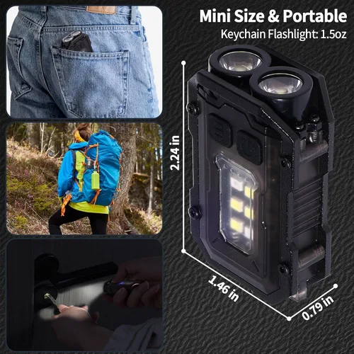 Miniatura 2 de KunHe Paquete de 4 linternas recargables EDC de 280 lúmenes, 8 modos, mini llavero con clip en la linterna USB-C magnética COB luz lateral llavero
