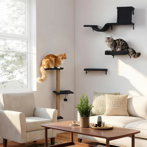 Miniatura 2 de Estantes de pared 5 en 1 para gatos de interior, muebles de gato montados en la pared con cama, cueva, poste rascador y perca, pared de escalada