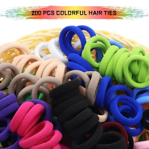 Miniatura 4 de Lawie Paquete de 200 bandas elásticas de tela de rizo de tejido grueso y colorido para coleta de cabello fino y rizado