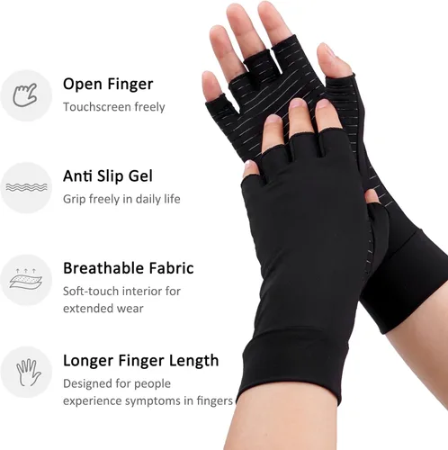 Miniatura 3 de Guantes para artritis para mujeres y hombres, guantes sin dedos para la mano y el pulgar, negros