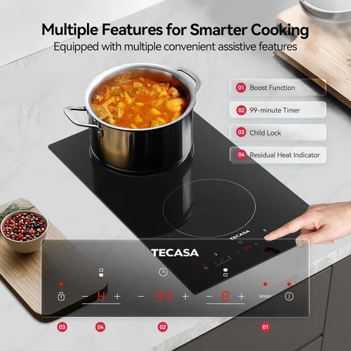 Miniatura 4 de Placa de inducción de 12 pulgadas de 3500 W, estufa eléctrica integrada con 2 quemadores de refuerzo, compatible con ollas magnéticas, temporizador