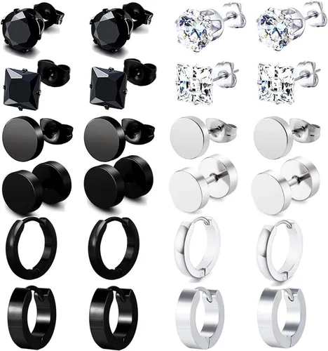 K&Q - 12 pares de aretes de tuerca de acero inoxidable con circonita cúbica para piel sensible, juego de aros, Huggie, para piercing en la oreja