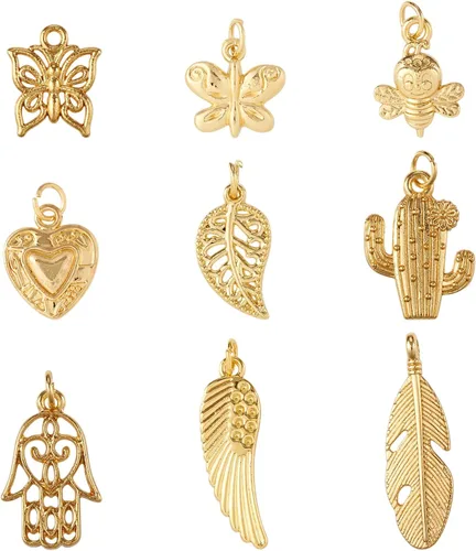 Craftdady Colgantes de metal de oro de 18 quilates con diseño de luna creciente, colgantes, flores, corazón, sol, estrella, taza de café,