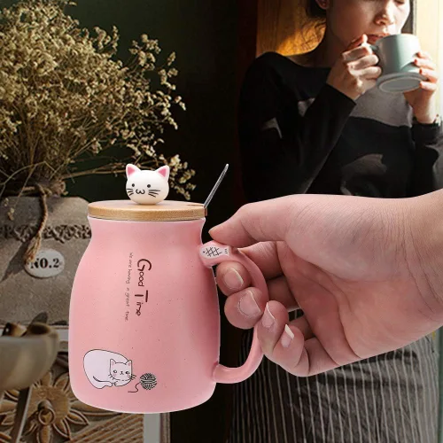Miniatura 6 de TOPINCN Taza de cerámica con diseño de gato lindo con cuchara y tapa de madera, taza de té y agua para leche para oficina en casa (12.8 fl oz)